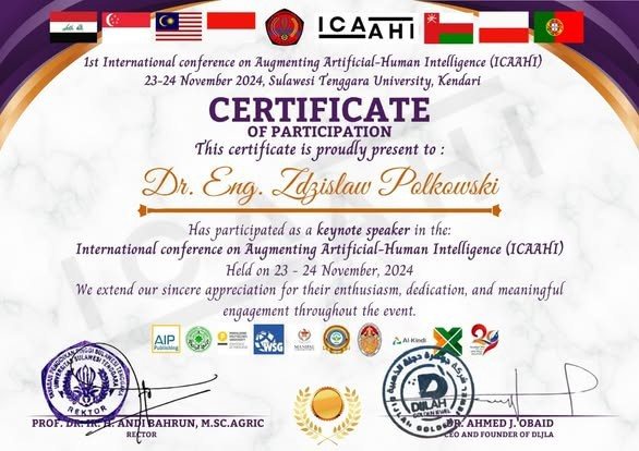 Certyfikat wykładu keynote na konferencji ICAAHI 2024